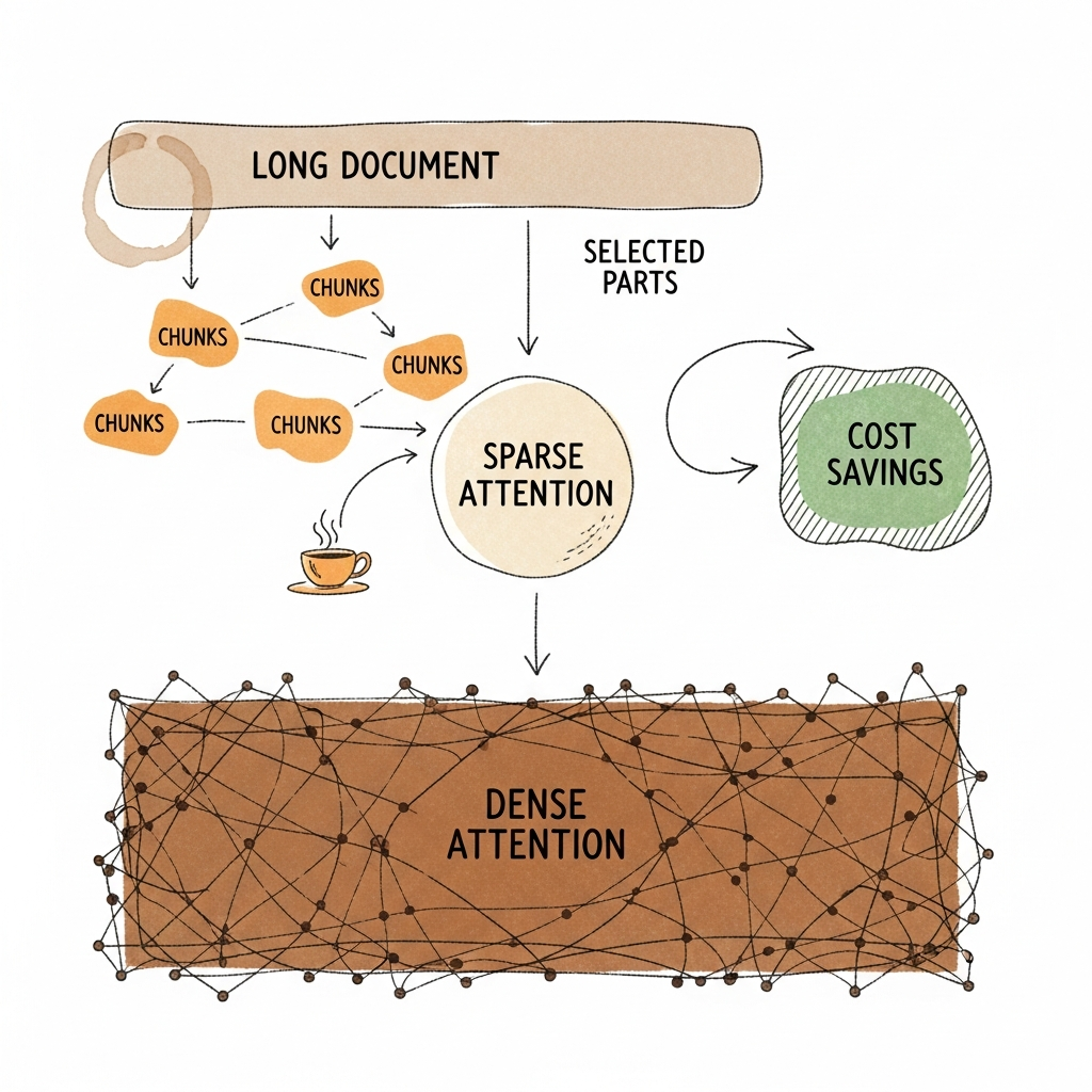 A friendly, coffee-shop style flowchart showing how sparse attention focuses on selected parts of a long document, highlighting cost savings versus dense attention.