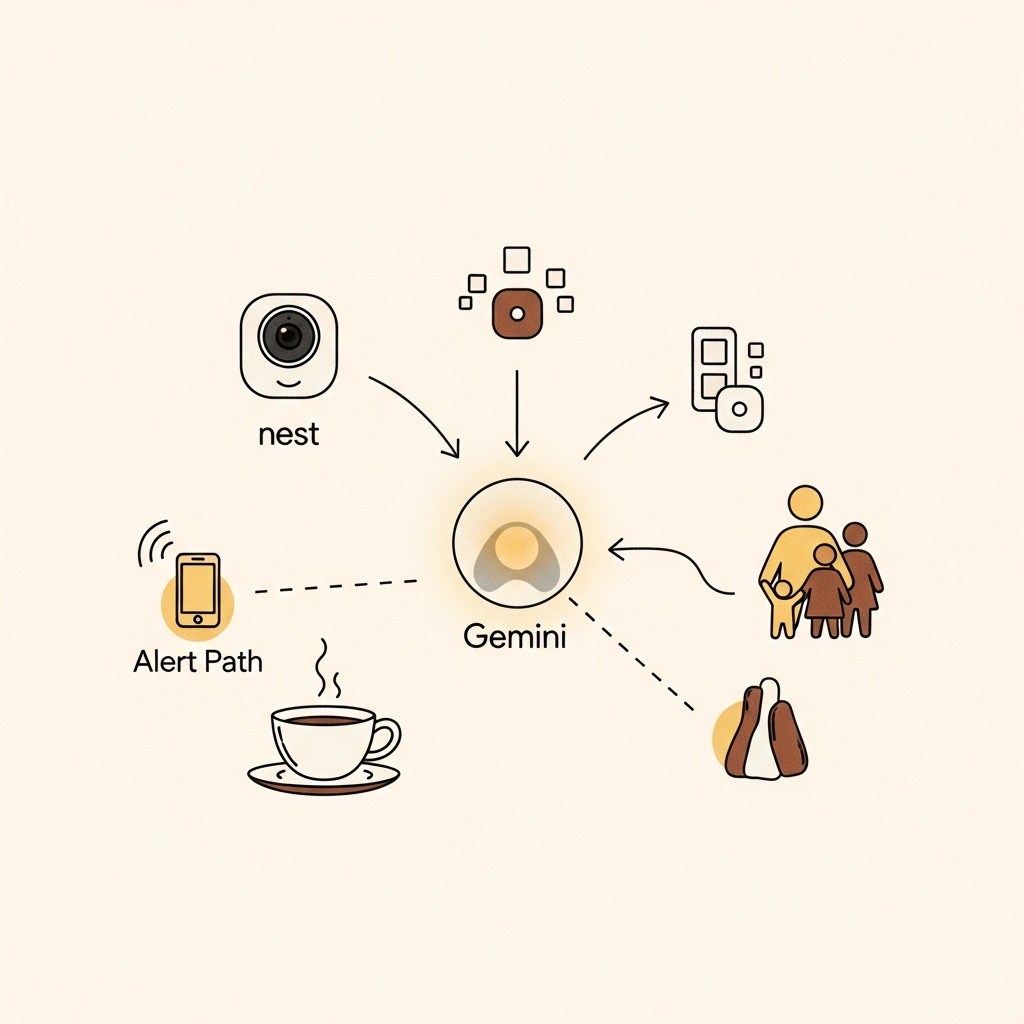 Lofi diagram of Gemini for Home linking Nest camera, sensors, and a family, with alert paths and a coffee cup nearby.
